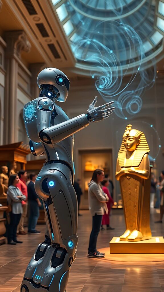 Image of robot and Egyptian sarcophagus in museum
